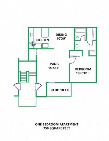 Floor plan for 1 bed, 1 bath, 750 sqft